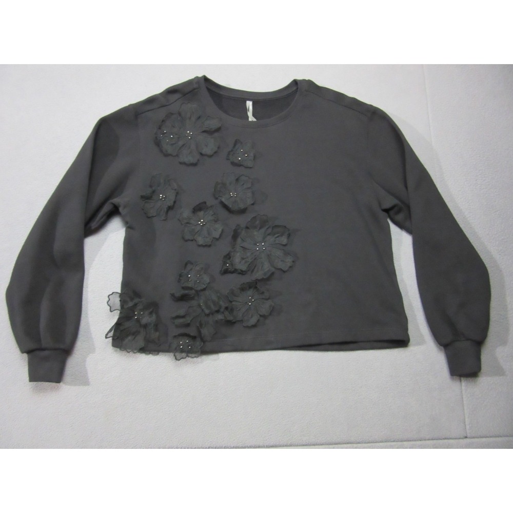 Anthropologie Sweatshirt Womens Medium Black 3-D Applique Flower Pullover Boho